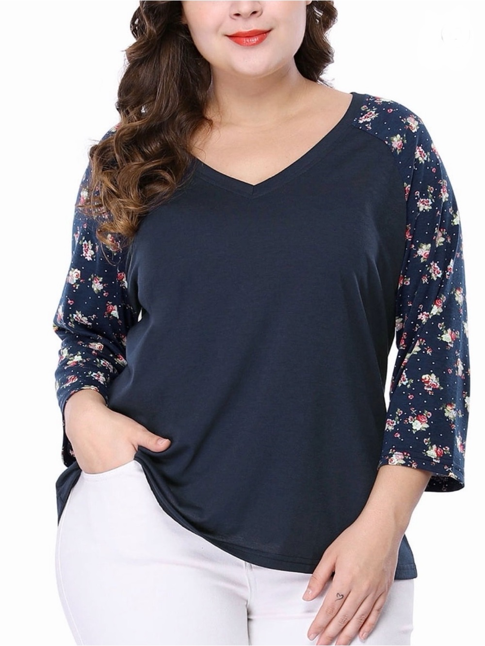 Agnes Orinda V-Neck Navy Floral Raglan Sleeve Top 2X NWT